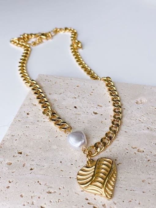 MEN PO Titanium Steel Imitation Pearl Heart Hip Hop Striped Love Pearl Gold Necklace 0