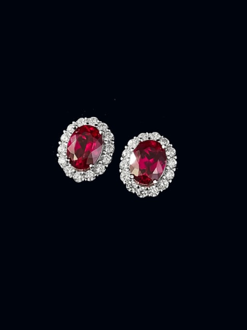 E516 Pigeon Blood Red 925 Sterling Silver Cubic Zirconia Geometric Luxury Cluster Earring
