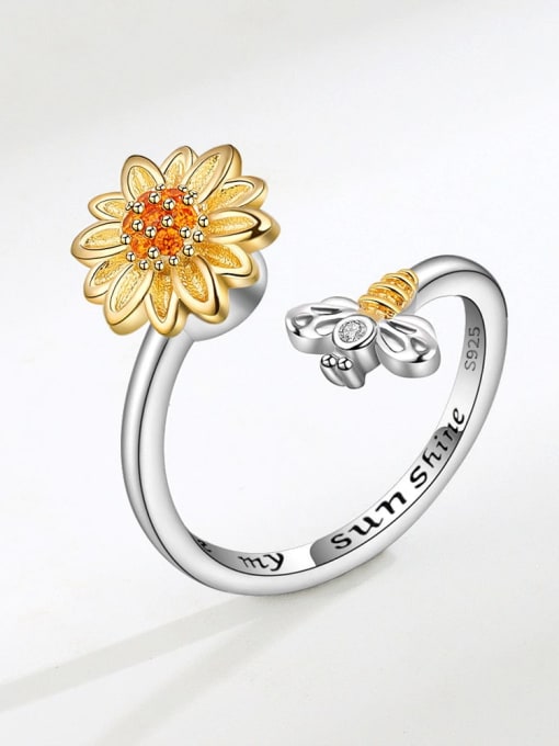 Platinum gold (fractional gold) 925 Sterling Silver Cubic Zirconia Sun Flower Minimalist Band Ring
