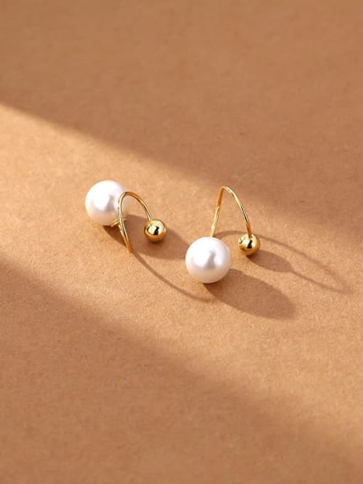 E2634 Gold 925 Sterling Silver Imitation Pearl Geometric Minimalist Hook Earring