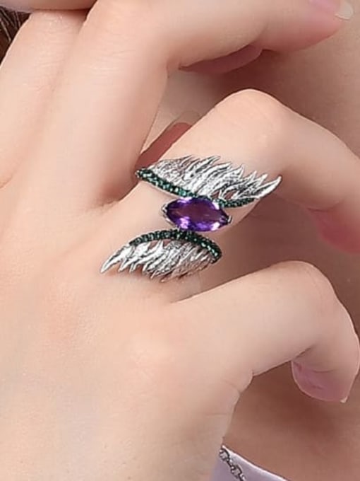 ZXI-SILVER JEWELRY 925 Sterling Silver Natural Stone Feather Luxury Band Ring 2