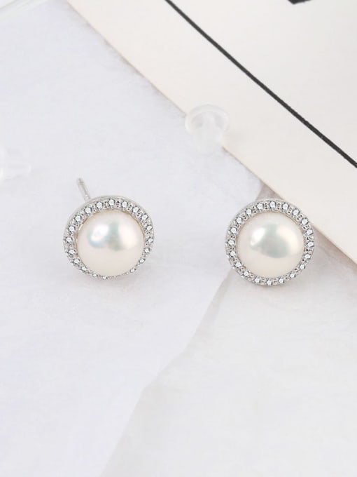 Platinum 925 Sterling Silver Imitation Pearl Geometric Minimalist Stud Earring
