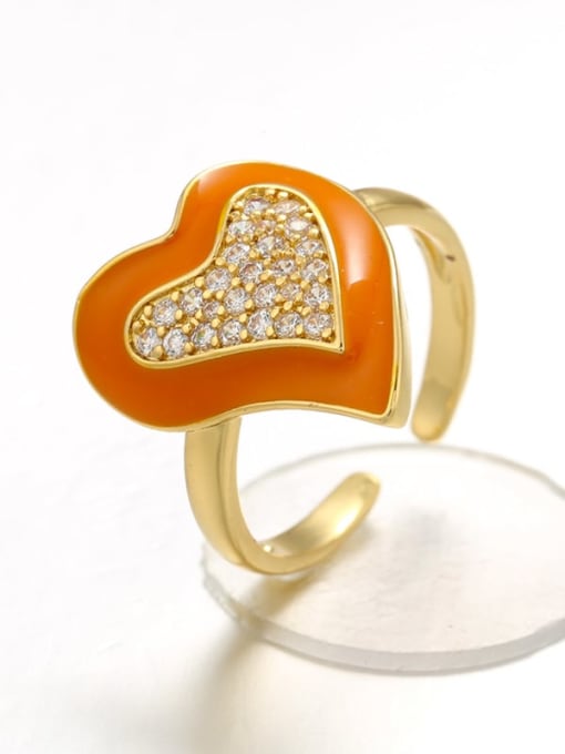orange Brass Enamel Rhinestone Heart Trend Band Ring