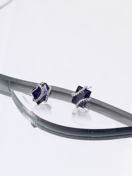 E2725 Purple Glass Platinum 925 Sterling Silver Cubic Zirconia Geometric Vintage Stud Earring