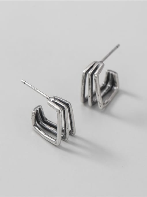 Three layer Square Earrings 925 Sterling Silver Vintage  Three Layer Square  Stud Earring