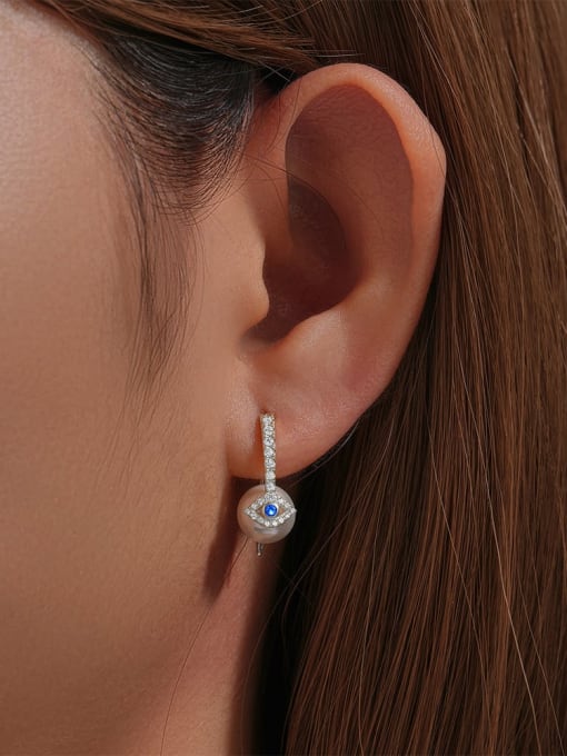 YUANFAN 925 Sterling Silver Freshwater Pearl Evil Eye Minimalist Hook Earring 1