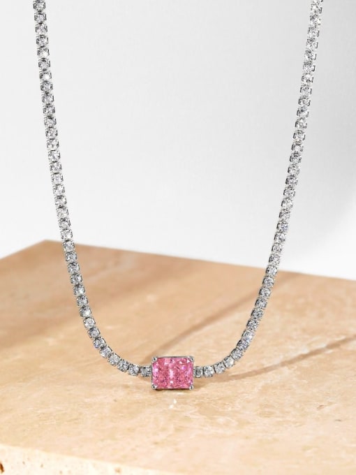 STL-Silver Jewelry 925 Sterling Silver Cubic Zirconia Pink Geometric Dainty Necklace 2
