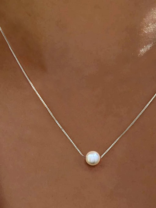 白金色 6mm 925 Sterling Silver Imitation Pearl Round Minimalist Necklace