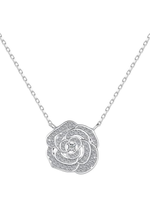 Platinum DY190655 S W WH 925 Sterling Silver Cubic Zirconia Flower Dainty Necklace