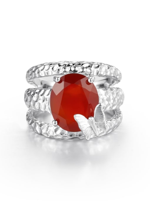 Red Agate Ring 925 Sterling Silver Natural Stone Geometric Luxury Stackable Ring