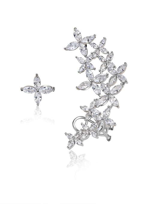 A&T Jewelry 925 Sterling Silver Cubic Zirconia Asymmetrical Flower Luxury Stud Earring 0