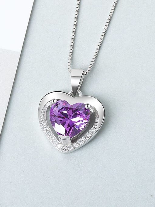 Purple diamond (including chain) 925 Sterling Silver Cubic Zirconia Heart Minimalist Necklace