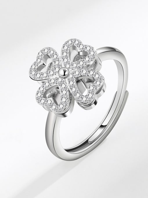 Platinum 925 Sterling Silver Cubic Zirconia Flower Dainty  Can Be Rotated Band Ring