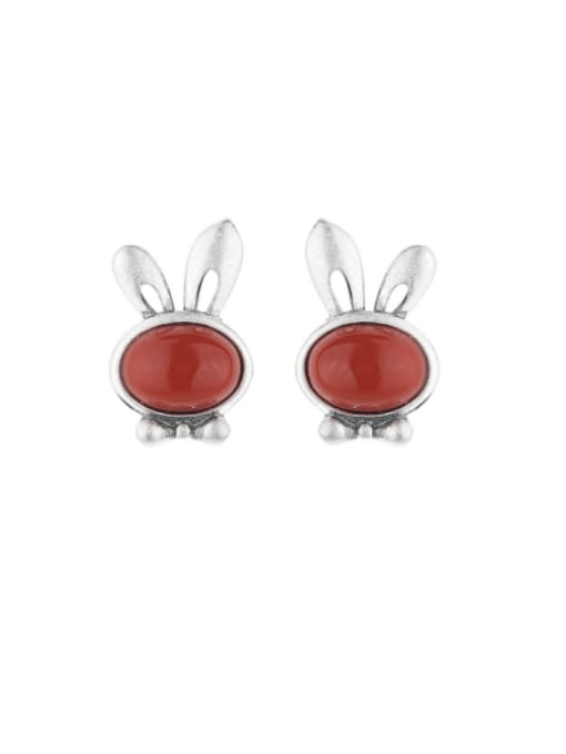 218FR matte approximately 2.2g 925 Sterling Silver Carnelian Rabbit Vintage Stud Earring