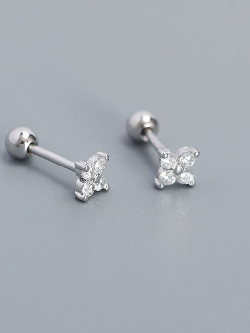 White gold + white stone 925 Sterling Silver Cubic Zirconia Flower Dainty Stud Earring