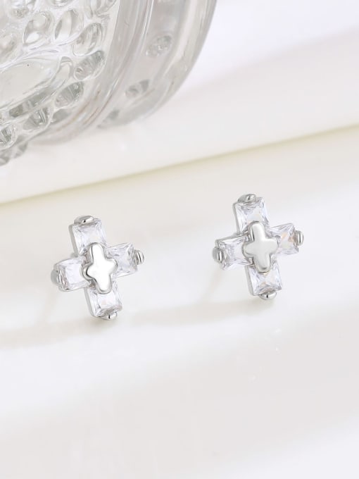White 925 Sterling Silver Cubic Zirconia Cross Minimalist Stud Earring