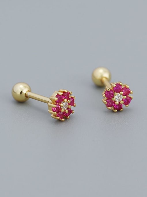 Gold (red stone) 925 Sterling Silver Cubic Zirconia Flower Dainty Stud Earring