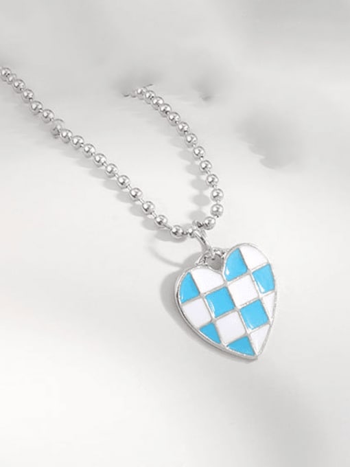 Platinum blue 925 Sterling Silver Enamel Heart Vintage Beaded Chain Necklace