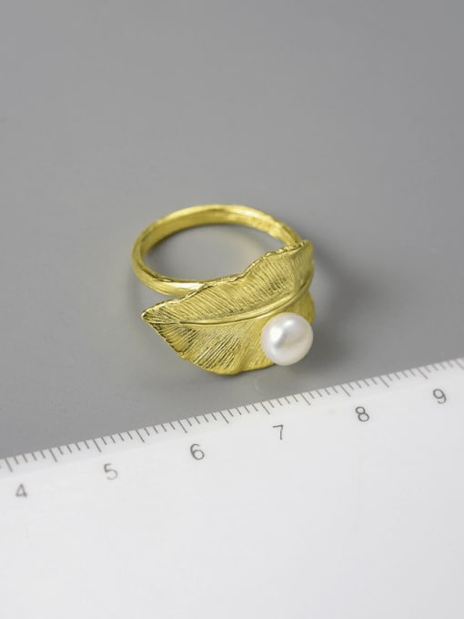LOLUS 925 Sterling Silver Imitation Pearl Leaf Artisan Band Ring 2