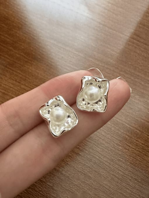 19ES55 925 Sterling Silver Imitation Pearl Geometric Vintage Stud Earring