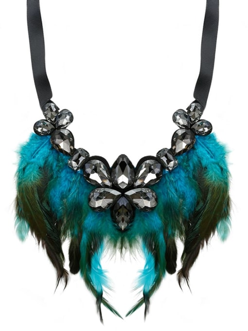 Blue c68805 Glass Stone Feather Hand-Woven  Statement Bib Necklace