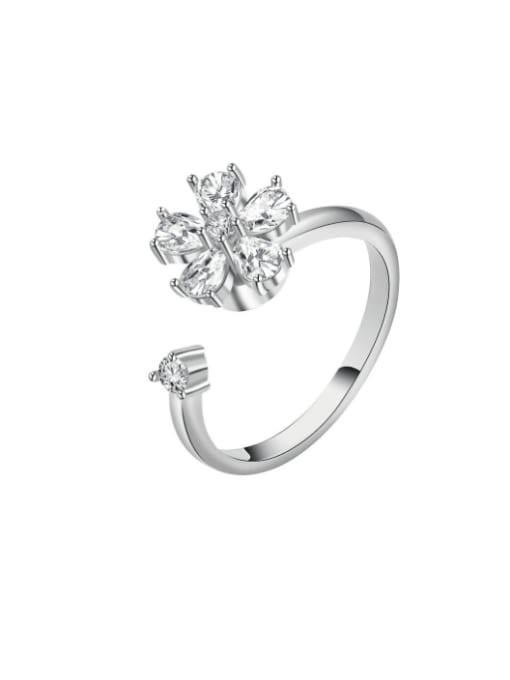 Platinum 925 Sterling Silver Cubic Zirconia Flower Cute  Can Be Rotated Band Ring