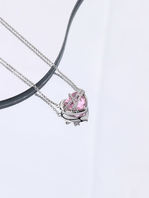 A2641 Pink Glass Platinum 925 Sterling Silver Cubic Zirconia Heart Minimalist Necklace