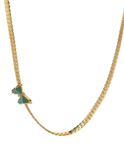 Gold Necklace Titanium Steel Enamel  Minimalist  Snake Bone Chain Green Butterfly  Necklace