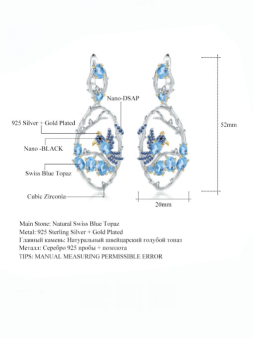 ZXI-SILVER JEWELRY 925 Sterling Silver Swiss Blue Topaz Bird Luxury Chandelier Earring 2