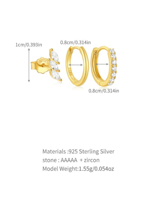 3 pieces per set, golden 9 925 Sterling Silver Cubic Zirconia Geometric Dainty Huggie Earring