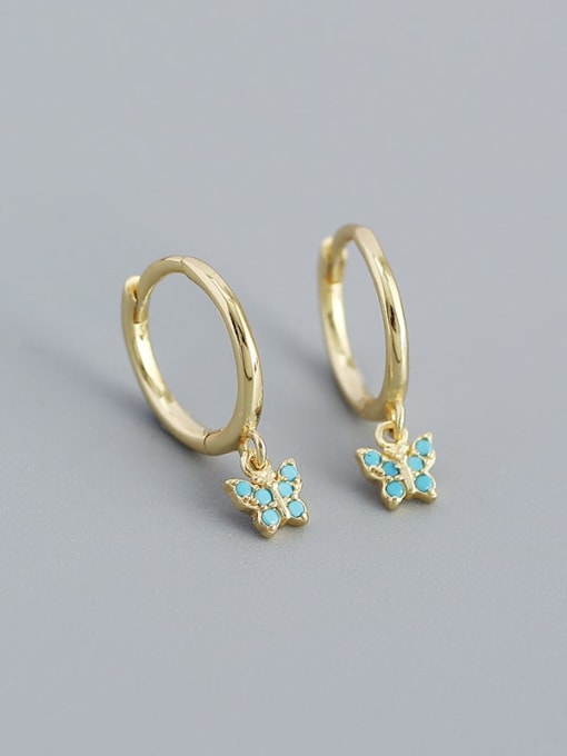 Gold (Turquoise) 925 Sterling Silver Cubic Zirconia Butterfly Minimalist Huggie Earring