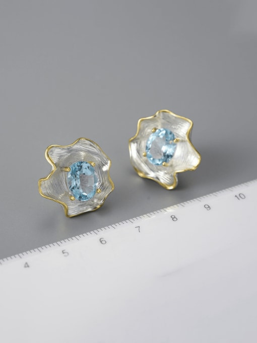 (Silver color blue stone) LFJA0135E1 925 Sterling Silver Natural Stone Flower Artisan Stud Earring