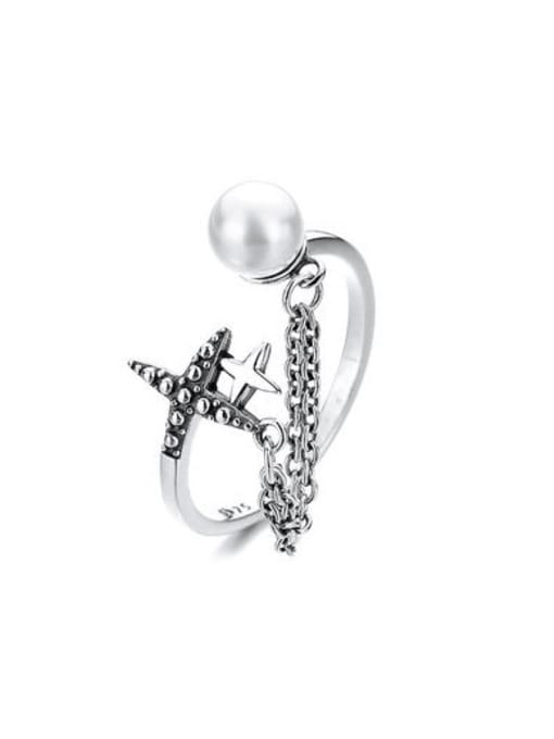 About 2.4g 925 Sterling Silver Imitation Pearl Cross Vintage Stackable Ring