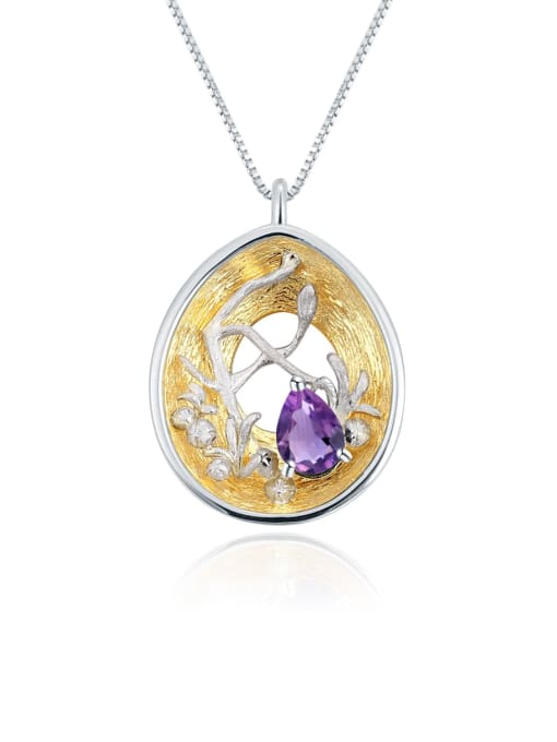 Natural Amethyst Pendant +Chain 925 Sterling Silver Swiss Blue Topaz Geometric Artisan Necklace