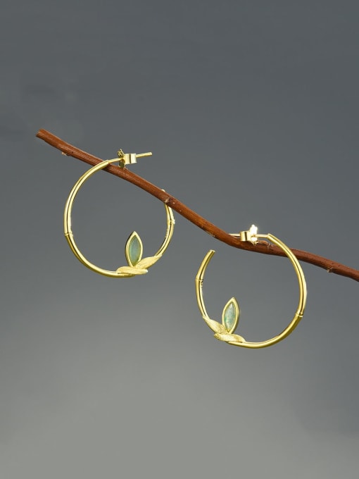 LOLUS 925 Sterling Silver Round Bamboo leaf aventurine jade horse eye Artisan Hoop Earring 0
