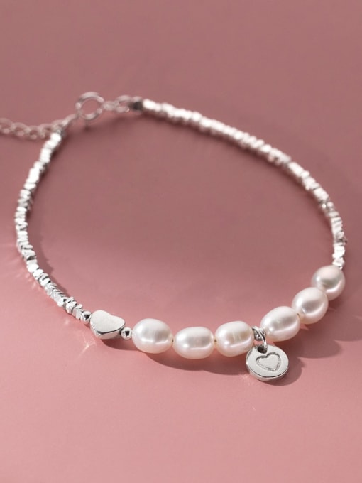 FAN 925 Sterling Silver Imitation Pearl Heart Minimalist Handmade Beaded Bracelet 0