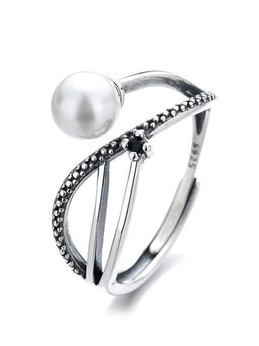 280fj approx. 2.4G 925 Sterling Silver Freshwater Pearl Geometric Vintage Band Ring