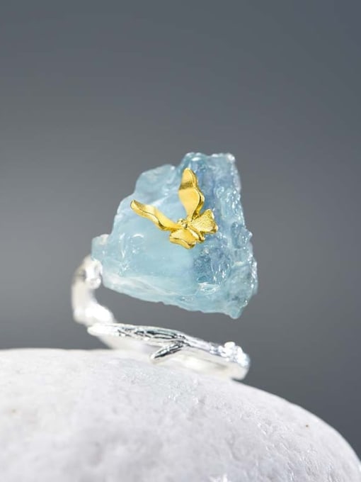 Color separation 925 Sterling Silver Natural Stone Natural Aquamarine Butterfly Artisan Band Ring