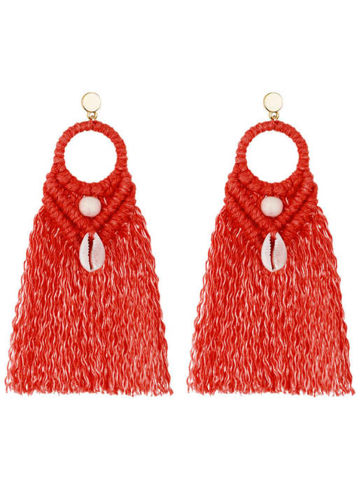 E68742 red Alloy Shell Cotton Tassel Bohemia  Hand-woven  Drop Earring