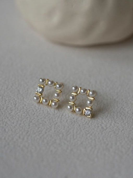 ZEMI 925 Sterling Silver Imitation Pearl Square Trend Stud Earring