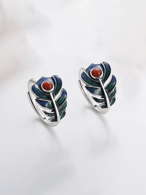 TAIS 925 Sterling Silver Enamel Feather Ethnic Band Ring 2