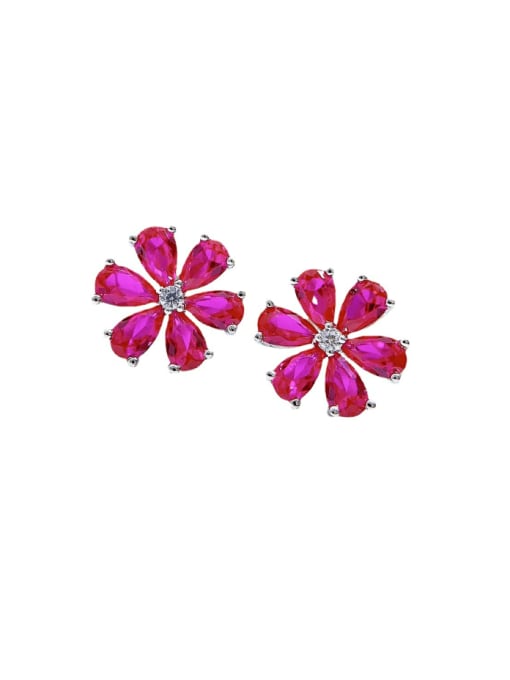 E005 Rose Red Earrings 925 Sterling Silver Cubic Zirconia Flower Luxury Cluster Earring