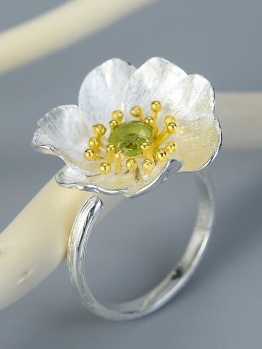 Silver flower gold core green 925 Sterling Silver Natural red pomegranate luxury natural handmade Artisan Band Ring