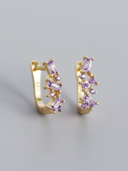 Gold (purple stone) 925 Sterling Silver Cubic Zirconia Geometric Minimalist Huggie Earring