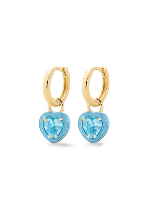 Golden +Sky Blue 925 Sterling Silver Cubic Zirconia Enamel Heart Minimalist Huggie Earring