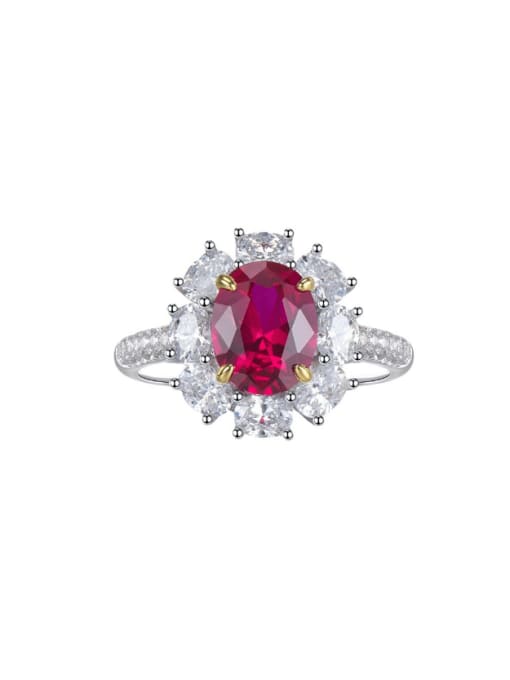 R113 Red Diamond 925 Sterling Silver Cubic Zirconia Flower Luxury Cocktail Ring
