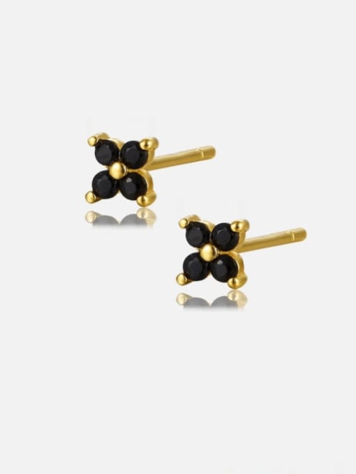Gold +Black Brass Cubic Zirconia Flower Dainty Stud Earring