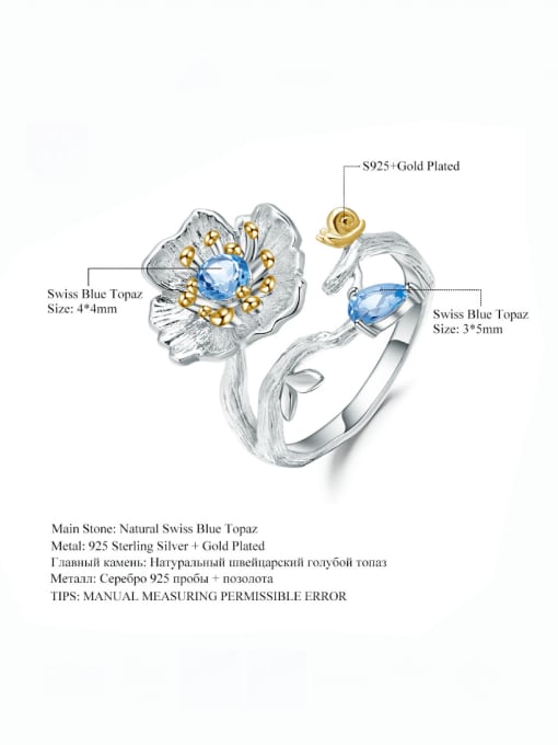 ZXI-SILVER JEWELRY 925 Sterling Silver Swiss Blue Topaz Flower Artisan Band Ring 1