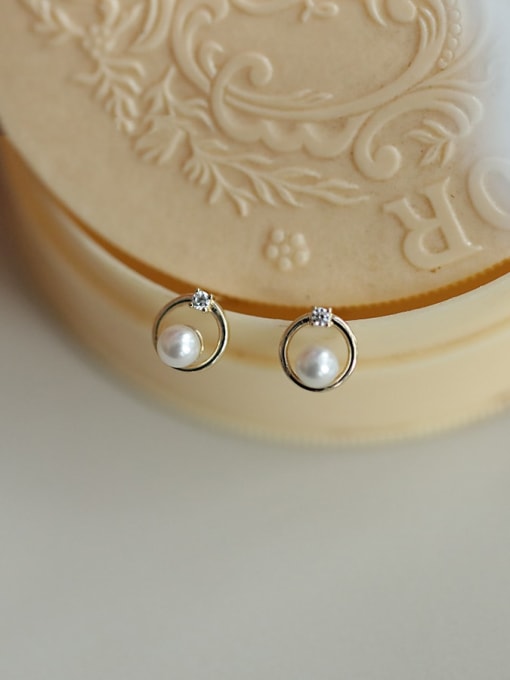 ZEMI 925 Sterling Silver Freshwater Pearl Geometric Dainty Stud Earring 0