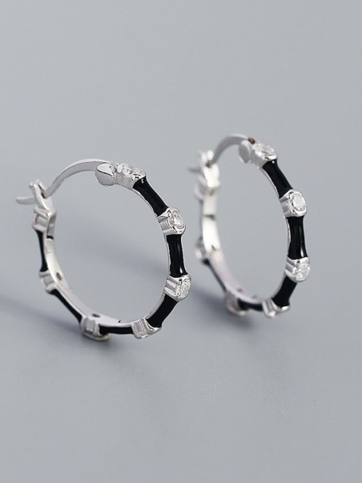 Platinum (black drop) 925 Sterling Silver Rhinestone Enamel Geometric Minimalist Hoop Earring